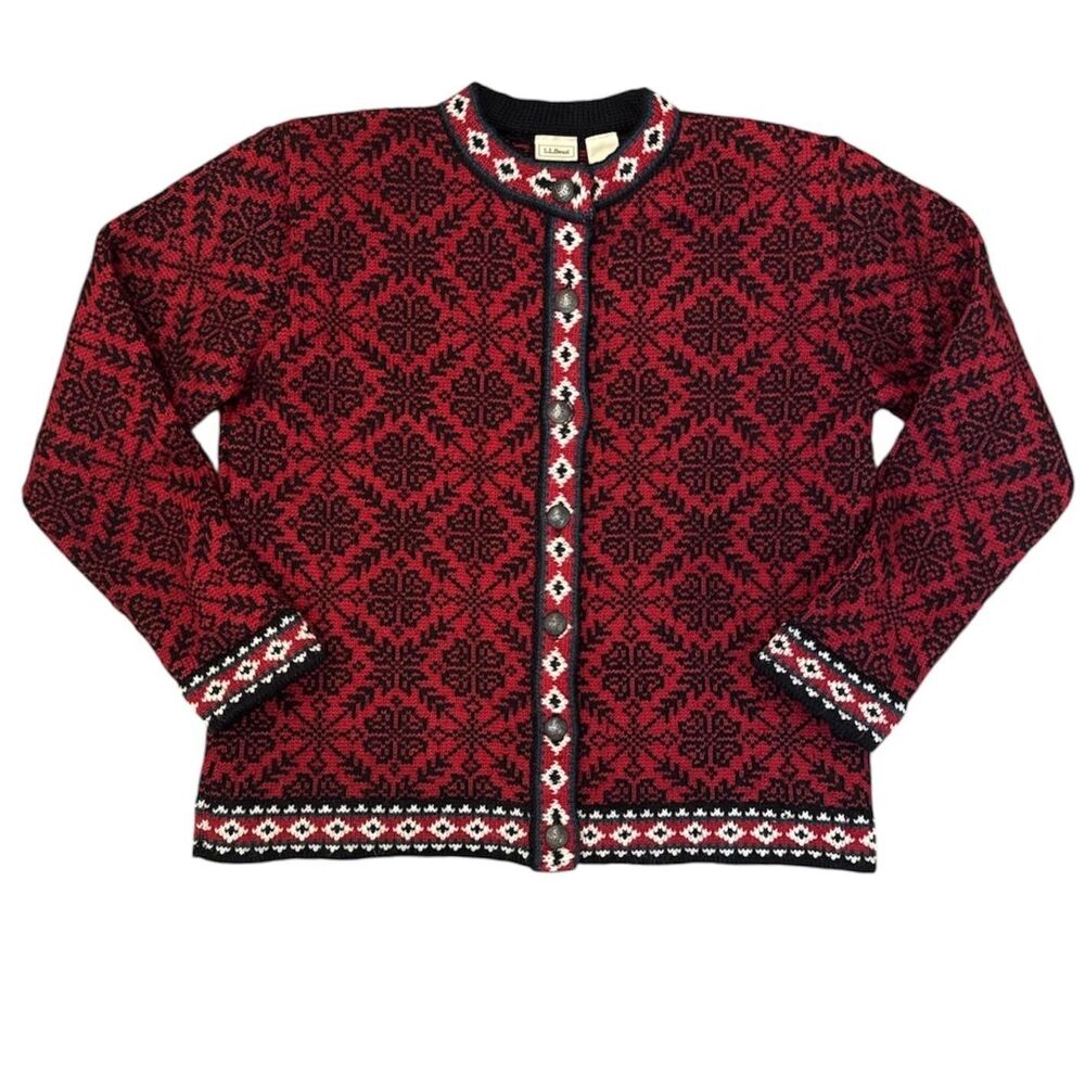 Vintage LL Bean 100% Merino Wool Sweater Nordic Cardigan Woman’s M Fair Isle Red